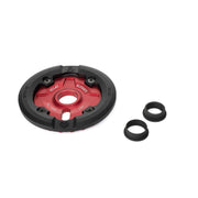 Red and black Éclat Elevate Guard Sprocket with replaceable nylon-fiberglass guard and two black adapters on white background