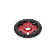 Red and black Éclat Elevate Guard Sprocket with nylon fiberglass guard and 6061-T6 alloy core, designed for durability and friction-free grinding.