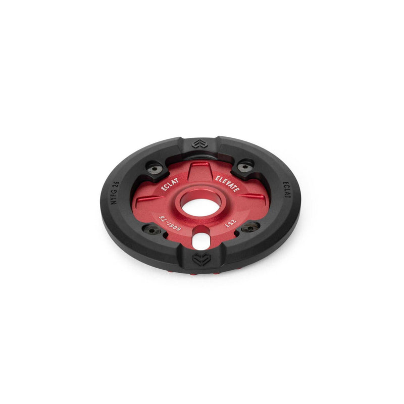 Red and black Éclat Elevate Guard Sprocket with nylon fiberglass guard and 6061-T6 alloy core, designed for durability and friction-free grinding.