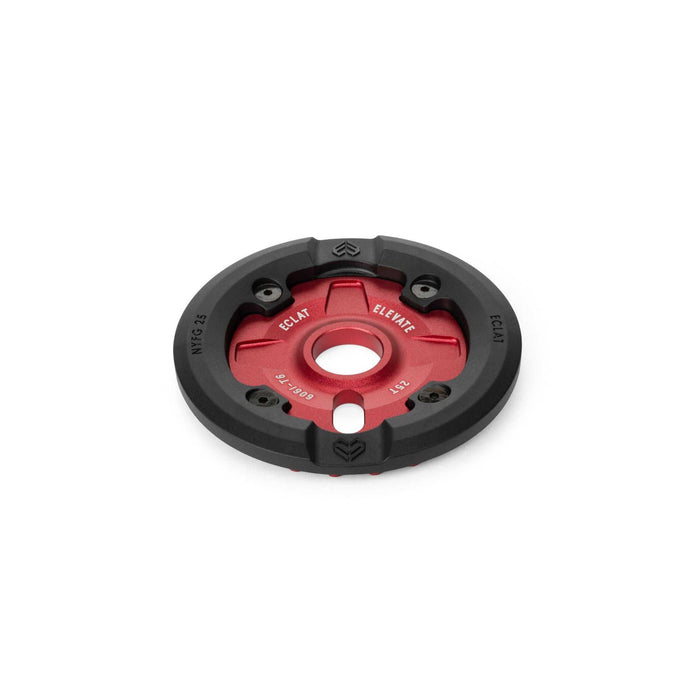 Red and black Éclat Elevate Guard Sprocket with nylon fiberglass guard and 6061-T6 alloy core, designed for durability and friction-free grinding.