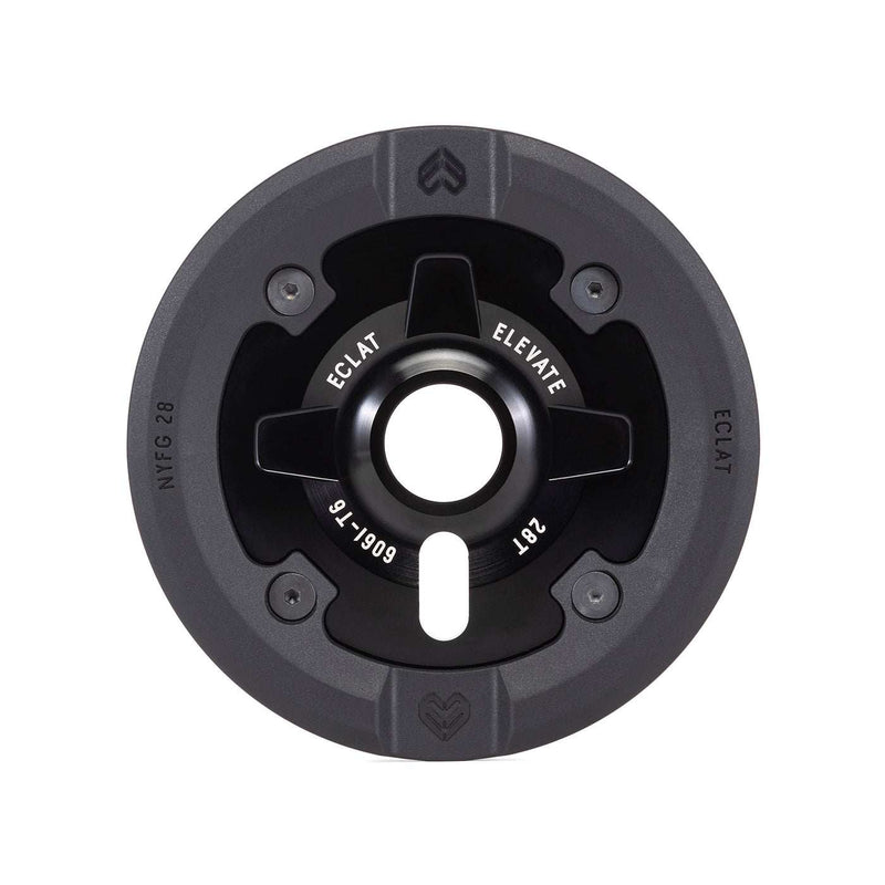 Black Éclat Elevate Guard Sprocket with integrated nylon fiberglass bash guard and 28 teeth for BMX bikes