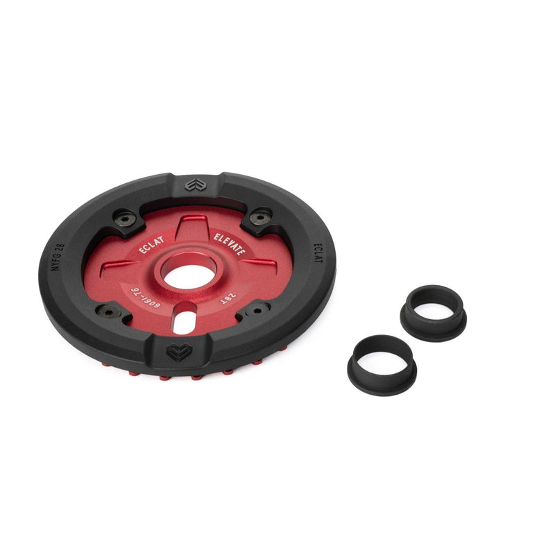 Red and black Éclat Elevate Guard Sprocket with replaceable nylon fiberglass guard and two black adapters.