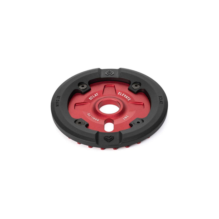 Éclat Elevate Guard Sprocket with nylon fiberglass guard, solid 6061-T6 alloy, available in 25t and 28t, designed for durable, low-friction grinding and superior chain alignment.