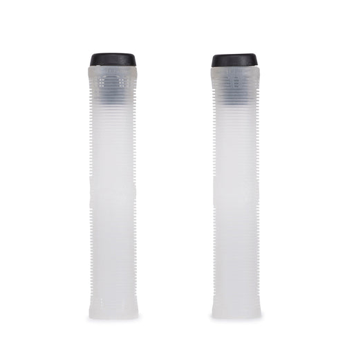 ÉCLAT FILTER GRIP flangeless bike grips with ribbed pattern, available in black, translucent, and red, featuring a longer 164mm size for enhanced comfort and durability.