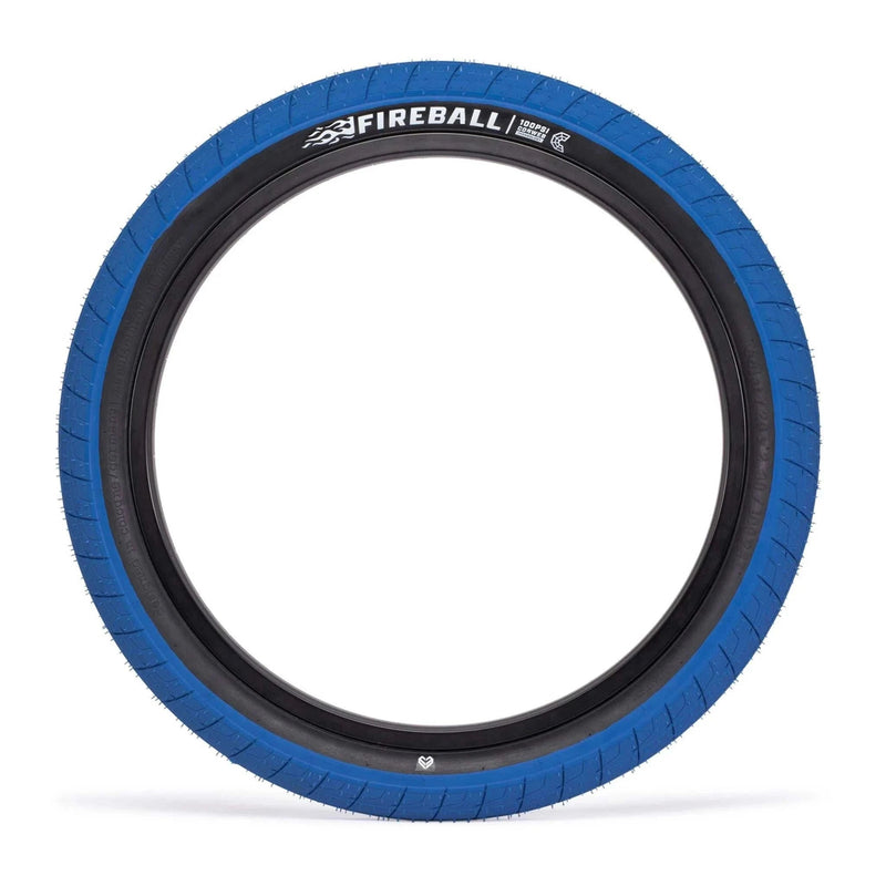 Blue Éclat Fireball Tire, designed for street riders, featuring a grind-friendly tread pattern and puncture-resistant technology.