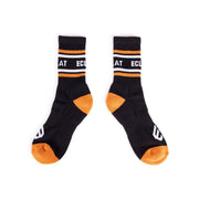 Pair of black and orange ÉCLAT ICON SOCKS with cotton blend and branded design
