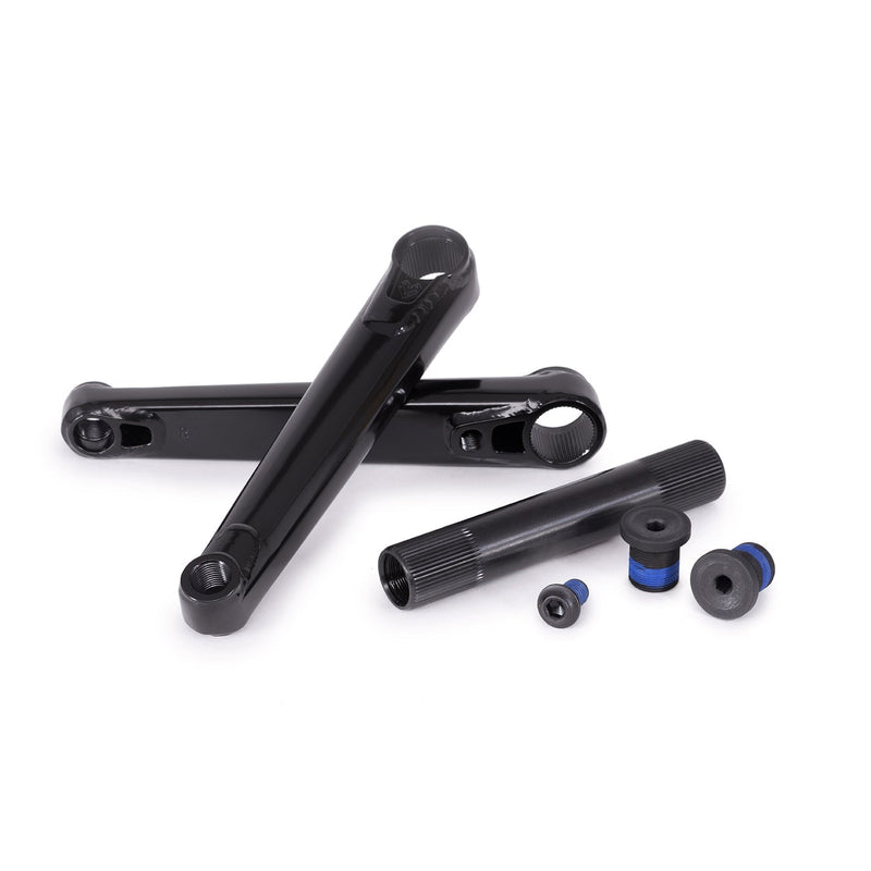 Black ÉCLAT ONYX CRANKS with chromoly arms, 24mm ultra hollow axle, screws, and spacers for BMX bikes