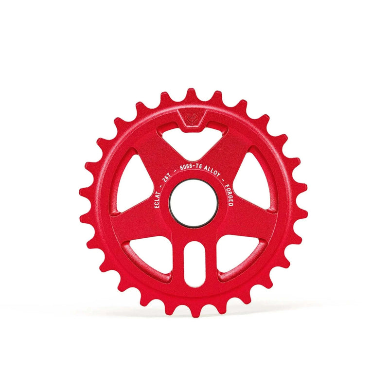 Red ÉCLAT ONYX SPROCKET, double-sided design, 6061-T6 alloy, cold-forged, 25t size option.