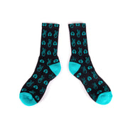 Black and turquoise ÉCLAT PEACE SOCKS with peace sign and eclat design pattern, made of cotton blend.