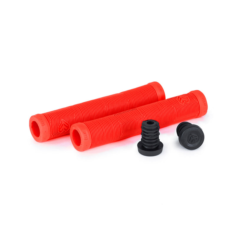 ÉCLAT PULSAR GRIP in neon red with flangeless mushroom design and rib profile, includes éclat nylon barends.