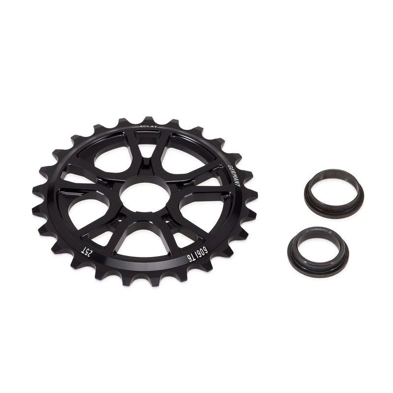 ÉCLAT RS SPROCKET, CNC machined 6061-T6 alloy, includes adaptors for 19mm, 22mm, 24mm spindles, intricate design.