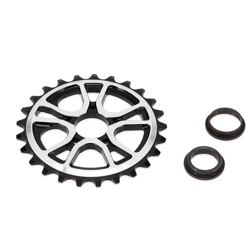 ÉCLAT RS Sprocket with CNC machined 6061-T6 alloy, unique 5-spoke design, and spindle adaptors.