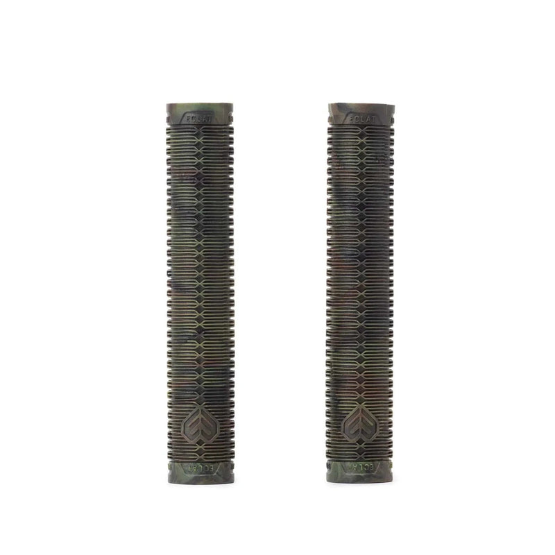 Pair of black and green camo éclat Shogun grips with flangeless, ribbed design and techbolt barends for BMX handlebars