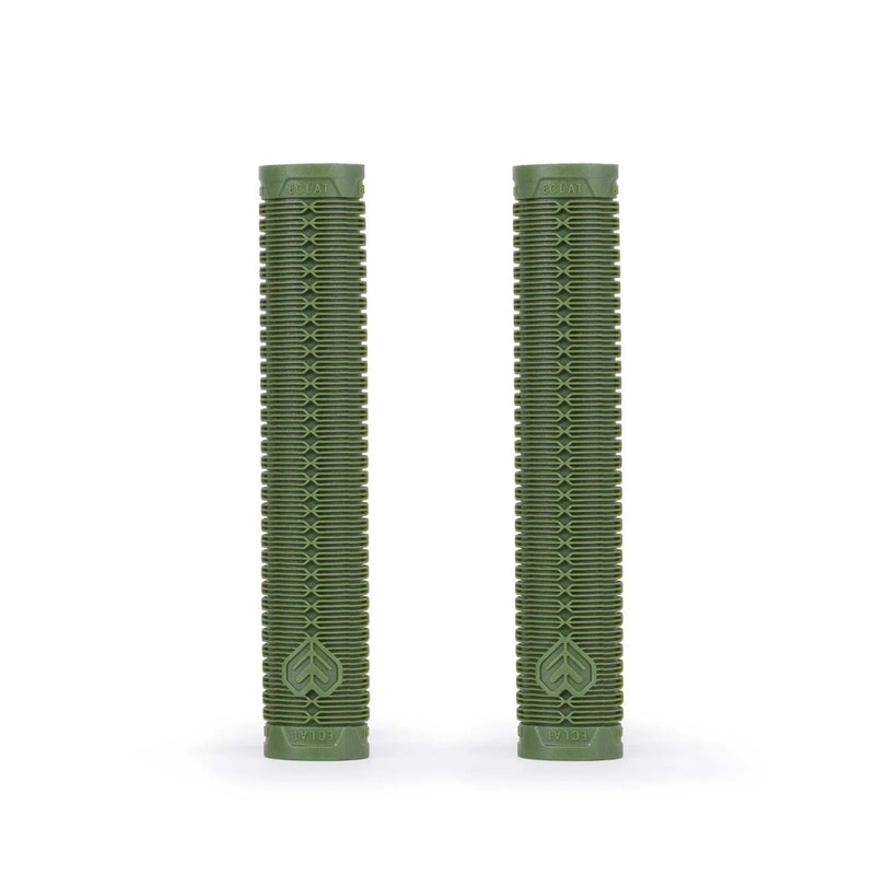 Pair of olive green ÉCLAT SHOGUN GRIP flangeless bicycle handlebar grips with ribbed texture and durable VEX K rubber material.