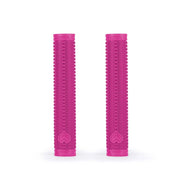 Pair of pink ÉCLAT SHOGUN GRIP flangeless bicycle handlebar grips with ribbed texture and Techbolt barends