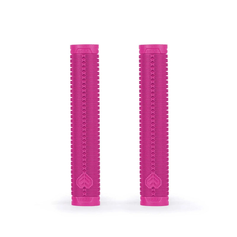 Pair of pink ÉCLAT SHOGUN GRIP flangeless bicycle handlebar grips with ribbed texture and Techbolt barends