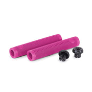 Pair of hot pink ÉCLAT SHOGUN GRIP bicycle grips with flangeless design and included black Techbolt barends on white background