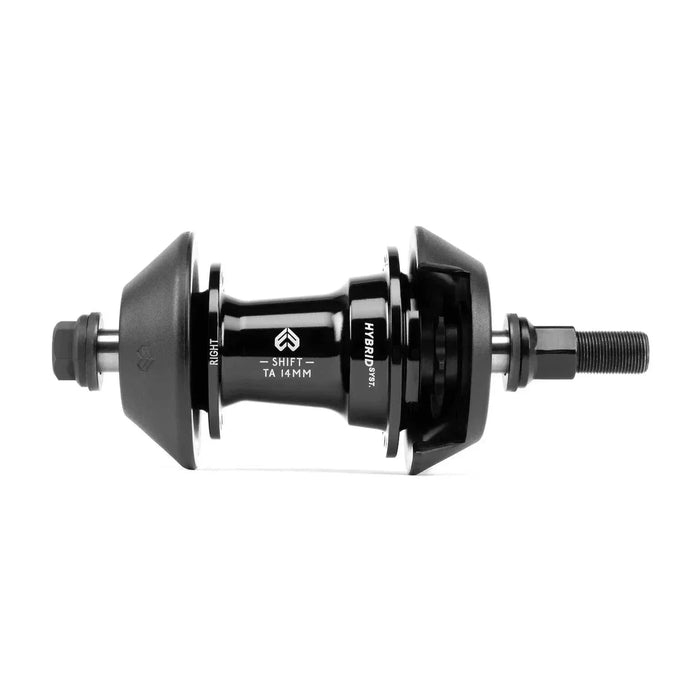 ECLAT Shift TA Freecoaster BMX rear hub with 14mm thru-axle, hybrid freecoaster and cassette system, black alloy shell.