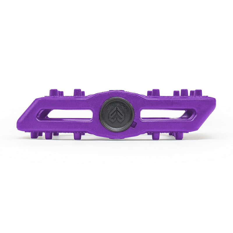 ÉCLAT SLASH PEDAL in purple, micro-style design with loose ball bearings, lightweight nylon/fibreglass construction, knurled surface.