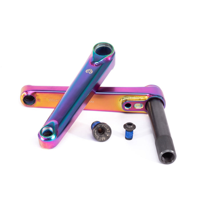 ÉCLAT Spire Cranks iridescent tubular heat-treated 4130 crmo arms and axle bike crankset with bolts on white background