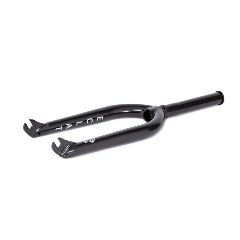 Black ÉCLAT Storm Fork BMX fork made from heat-treated 4130 chromoly with CNC machined steerer and butted blades, designed for strength and lightweight performance