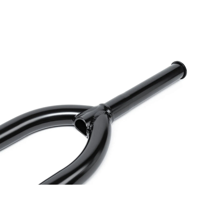 Black ÉCLAT STORM FORK BMX fork with short 20mm offset, designed for durability and strength, featuring CNC machined steerer tube.