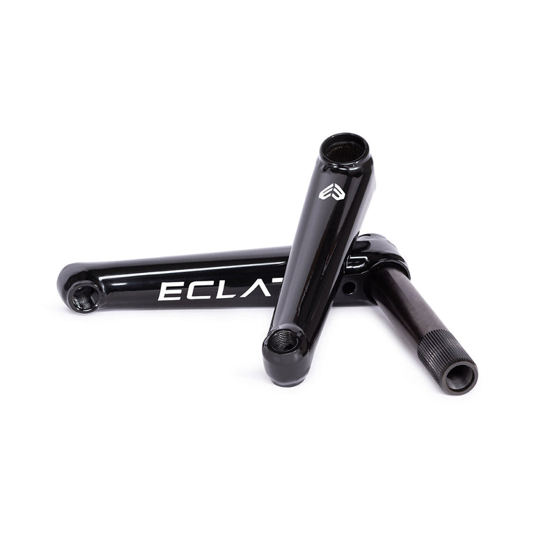 ÉCLAT TIBIA CRANKS, glossy black, BMX durable crankset, oversized arm design, heat-treated 4130 crmo, 22mm spindle, RSD & LSD compatible.