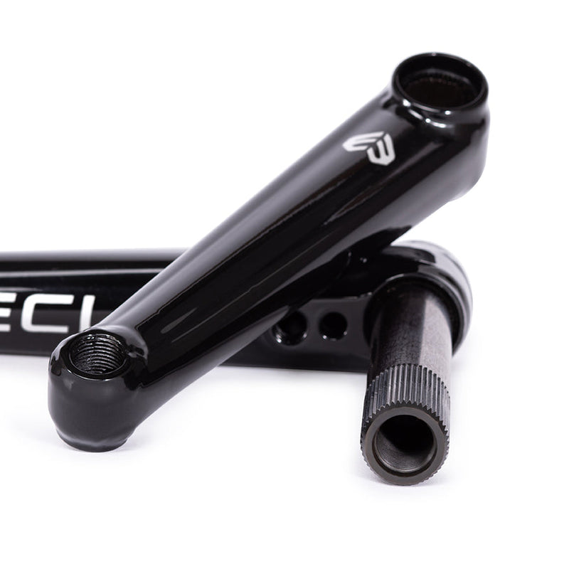 ÉCLAT TIBIA CRANKS glossy black BMX cranks featuring oversized arm design and 22mm crmo ultra hollow spindle.