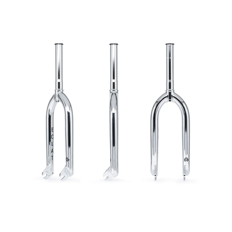 Éclat Coda Fork BMX bicycle forks, silver, front and side view, strong and lightweight design.