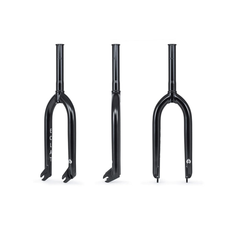 Éclat Coda Fork, black, full liquid post heat-treated 4130 crmo, peg friendly, two offset options, built for strength.