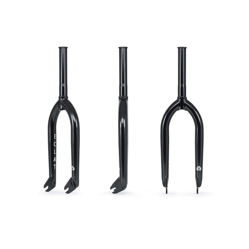 Black ÉCLAT Storm Fork BMX fork with CNC machined steerer and 15mm offset, designed for strength and light weight.