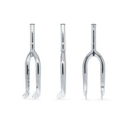 Chrome ÉCLAT Storm Fork BMX bike fork with CNC machined steerer and heat-treated 4130 crmo tubing shown from three angles.