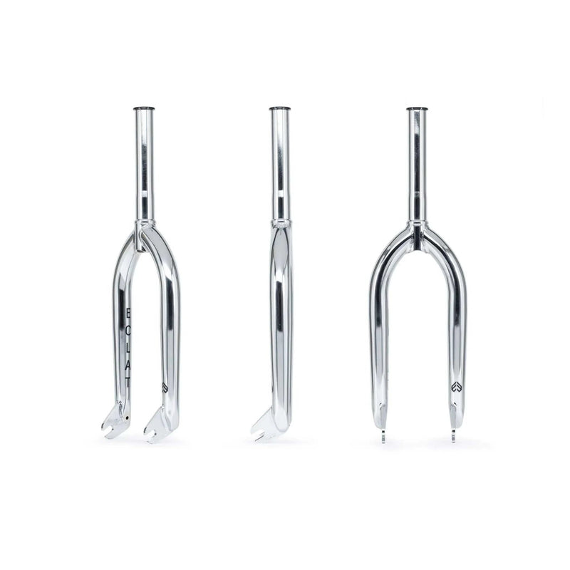 Chrome ÉCLAT Storm Fork BMX bike fork with CNC machined steerer and heat-treated 4130 crmo tubing shown from three angles.