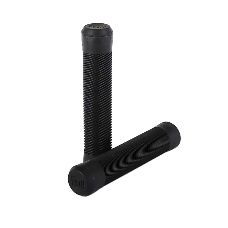 Fiend Flangeless Grips made of medium density Krayton rubber with angled rib pattern and nylon plug bar ends in black color