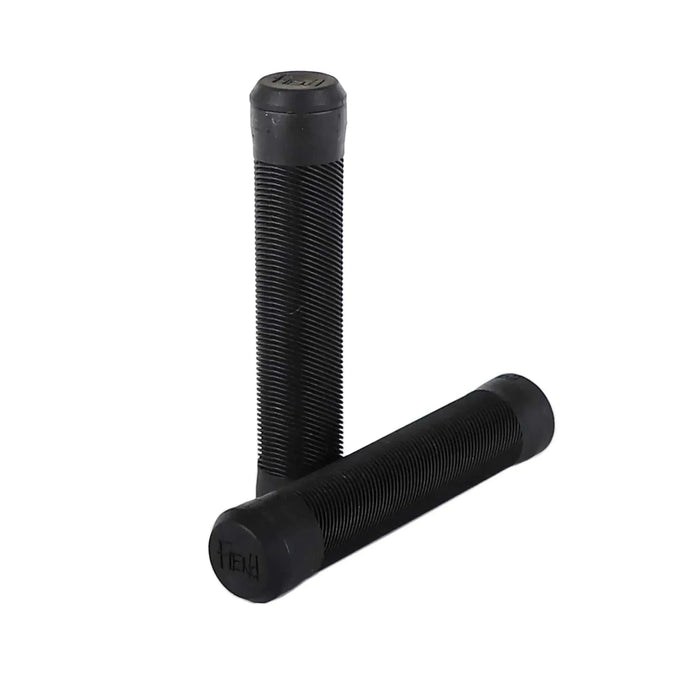 Fiend Flangeless Grips made of medium density Krayton rubber with angled rib pattern and nylon plug bar ends in black color
