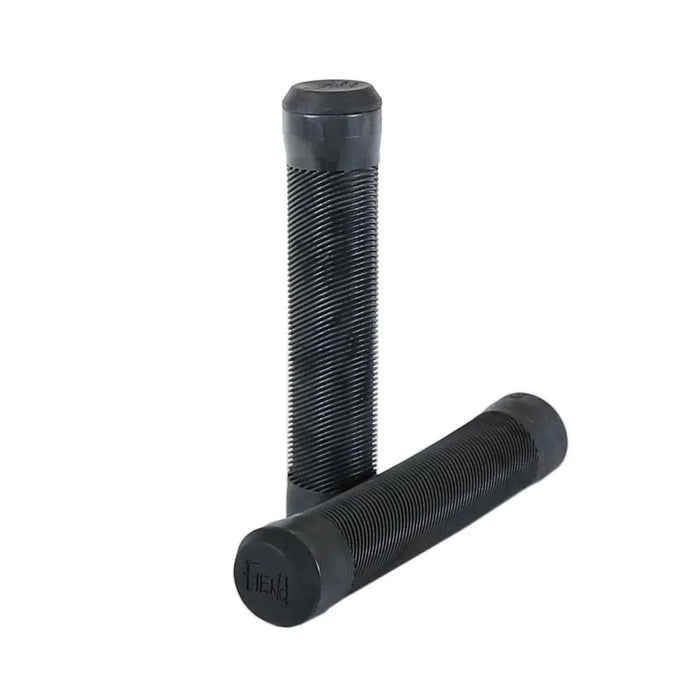 Fiend Flangeless Grips in black medium density Krayton rubber with angled rib pattern and nylon plug bar ends