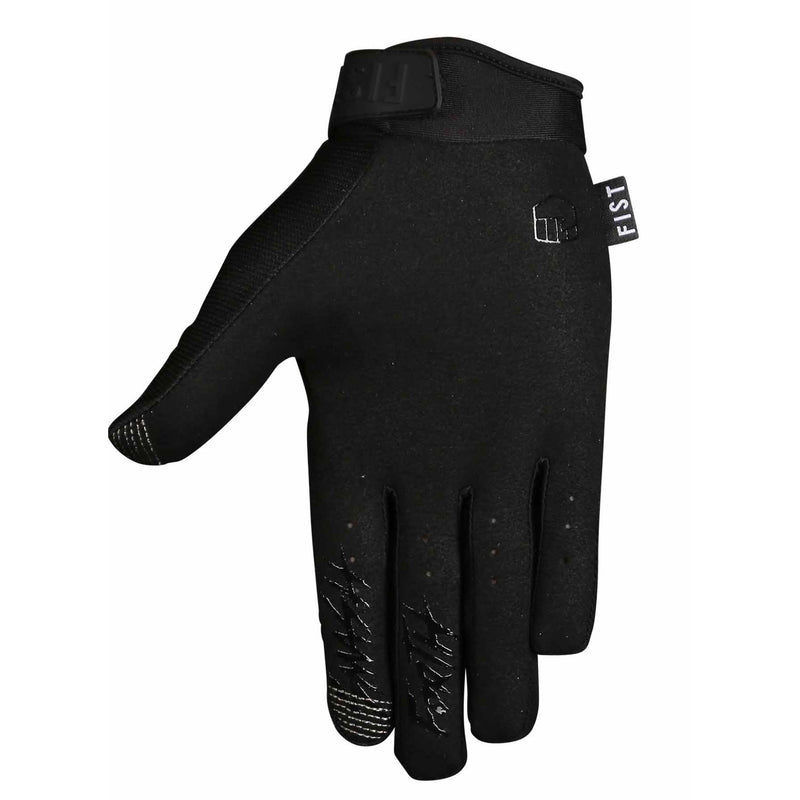 FIST black Stocker gloves with lightweight stretch twill spandex upper, single-layer Clarino palm, touchscreen-compatible fingertips, and adjustable closure.