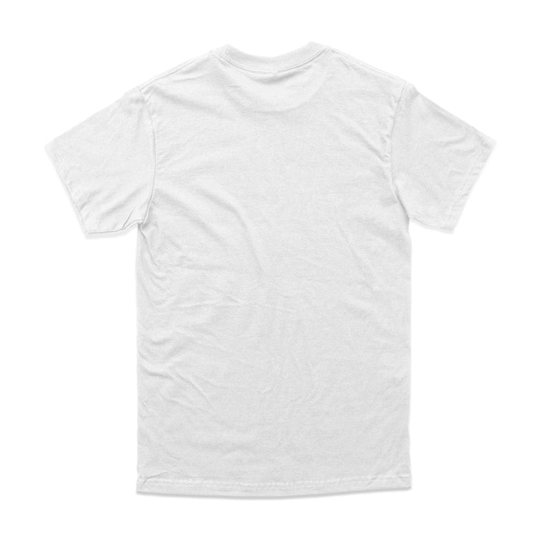 Back view of a plain white FUSE LOGO T-shirt.