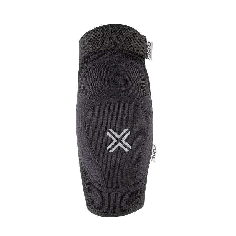 Black FUSE Alpha Classic elbow pad with breathable neoprene, EVA foam padding, and nylon hard cap for impact protection.