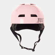 Glossy pink FUSE ALPHA helmet with high impact ABS shell and EPS foam, featuring a deep fit and quick release strap for comfort and protection.