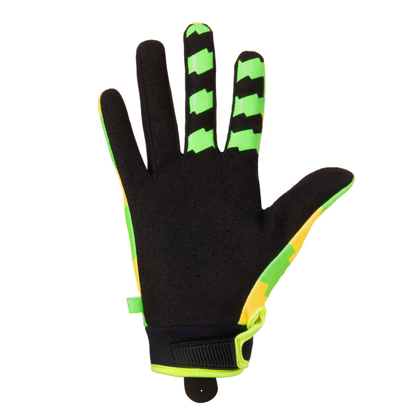 Neon green and yellow Fuse Chroma Glove with durable Clarino palm and adjustable Velcro strap.