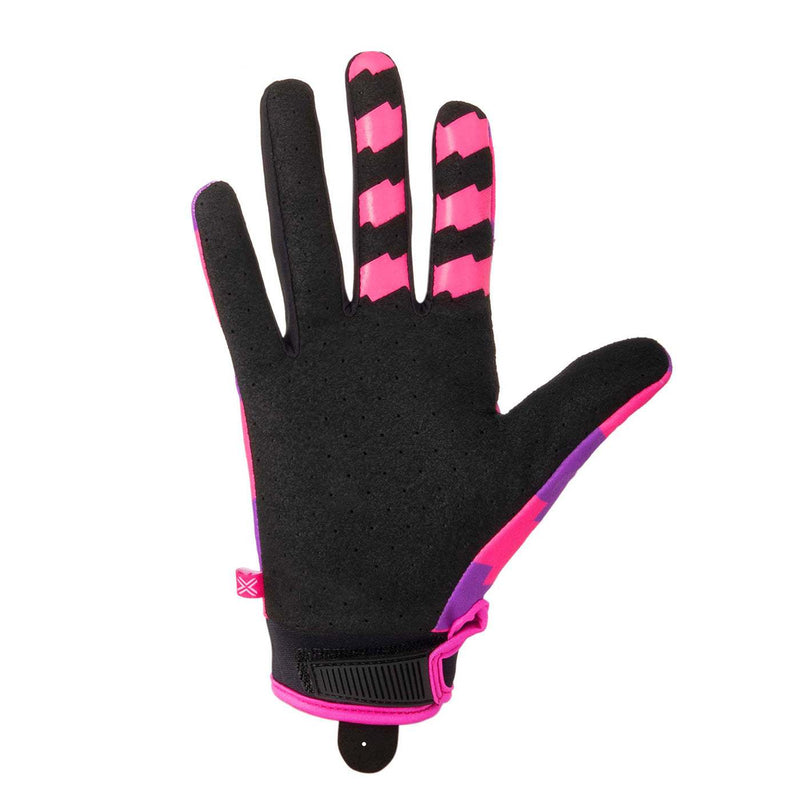 Neon pink and purple FUSE CHROMA GLOVE with reinforced index and thumb, Clarino palm, silicone grips, and adjustable wrist strap.