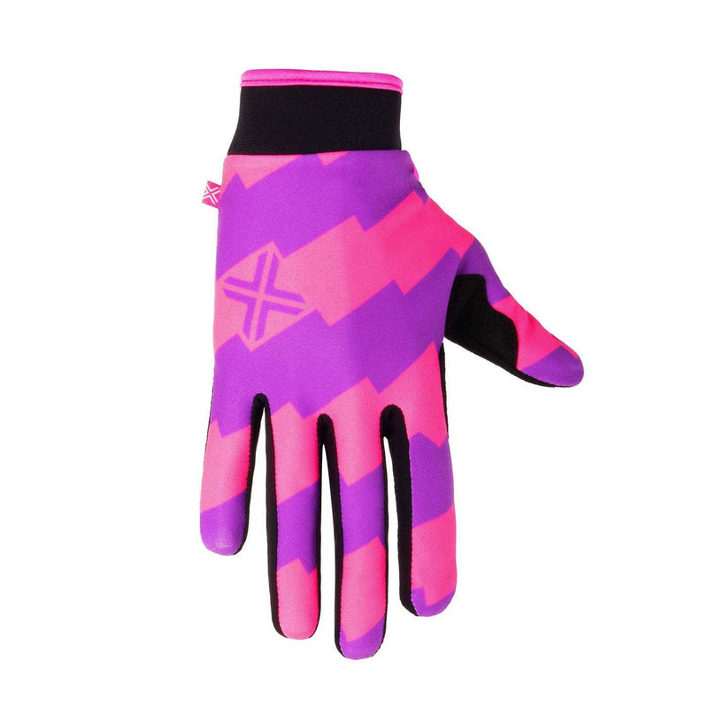FUSE CHROMA GLOVE in neon pink and purple with slim fit, durable Clarino palm, reinforced fingers, and adjustable velcro strap.