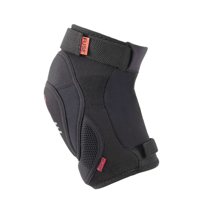 Black and red FUSE DELTA KNEE PAD with anti-bacterial neoprene, durable Duratex material, memory foam protection, and adjustable straps.