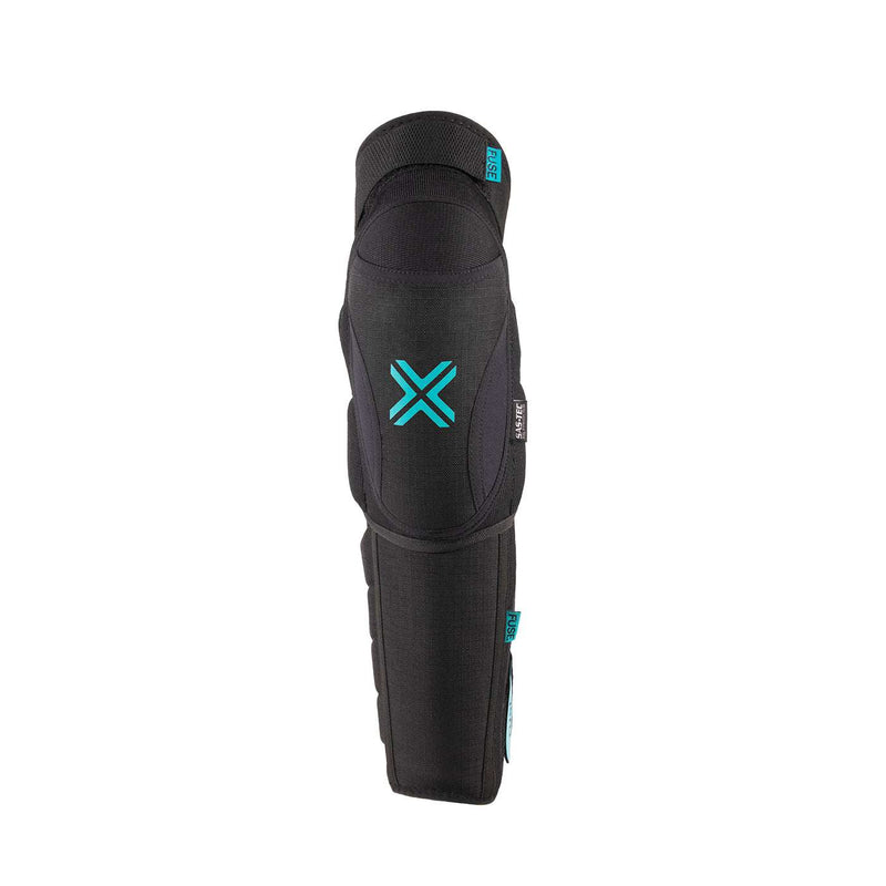 FUSE Echo 100 Knee Pad in black with blue accents, featuring breathable neoprene, Cordura outer layer, SAS-TEC foam, and full shin protection.