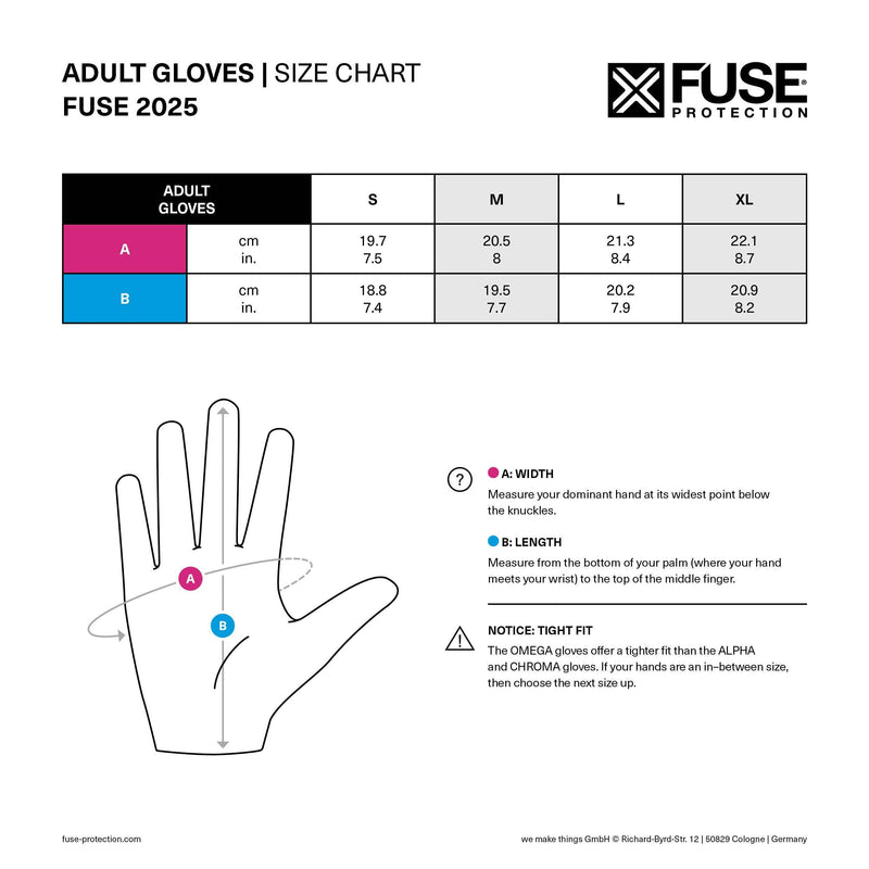 Fuse Chroma Glove sizing chart showing hand width and length measurements for adult sizes S to XL
