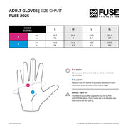 FUSE OMEGA GLOVE - BALLPARK - SILVER/BLACK, breathable protective glove, Clarino palm, strapless design, size chart.