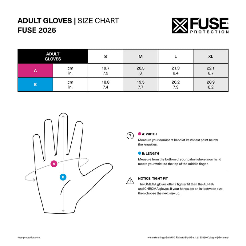 FUSE OMEGA GLOVE - BALLPARK - SILVER/BLACK, breathable protective glove, Clarino palm, strapless design, size chart.
