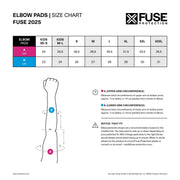 Size chart for FUSE Alpha Classic Elbow Pad, showing measurements for different sizes, including Kids XS-S to XXXL, with arm circumference guidelines.