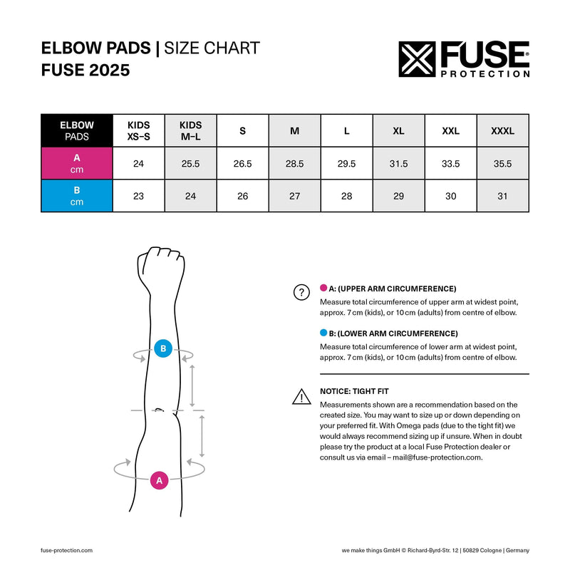 FUSE ECHO ELBOW PAD with size chart and fitting guide for 2025 collection.